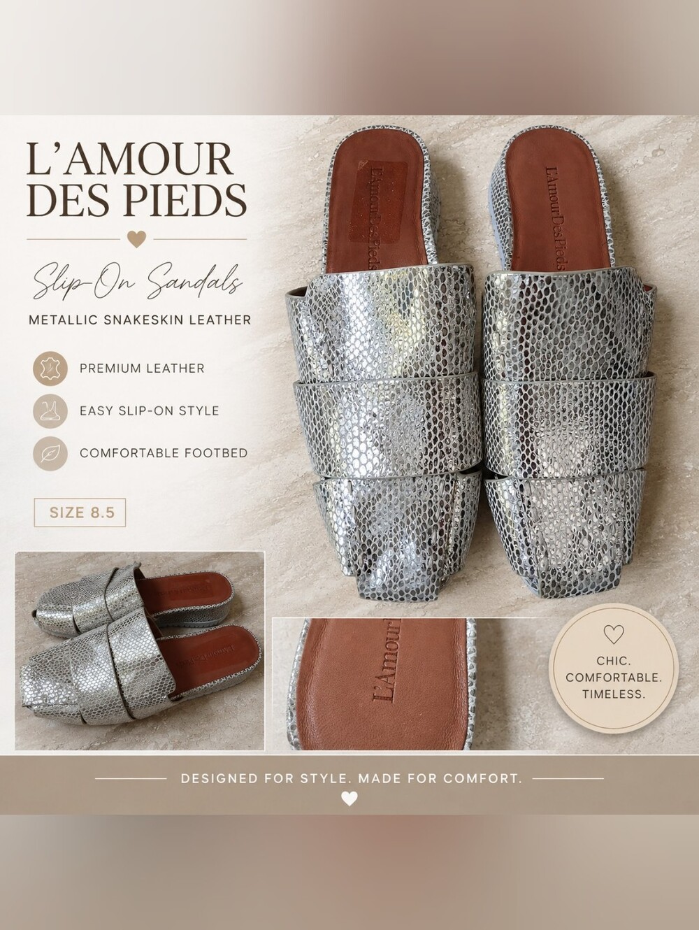 New L’Amour Des Pieds Tarius Slip On Mules Size 11 Leather Silver Gold SnakeNew